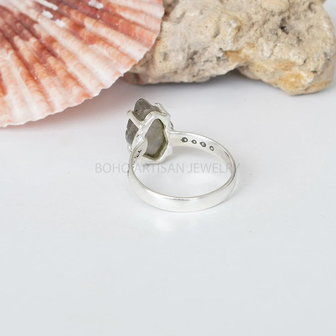 Raw Labradorite Ring: Sterling Silver Boho CZ Ring