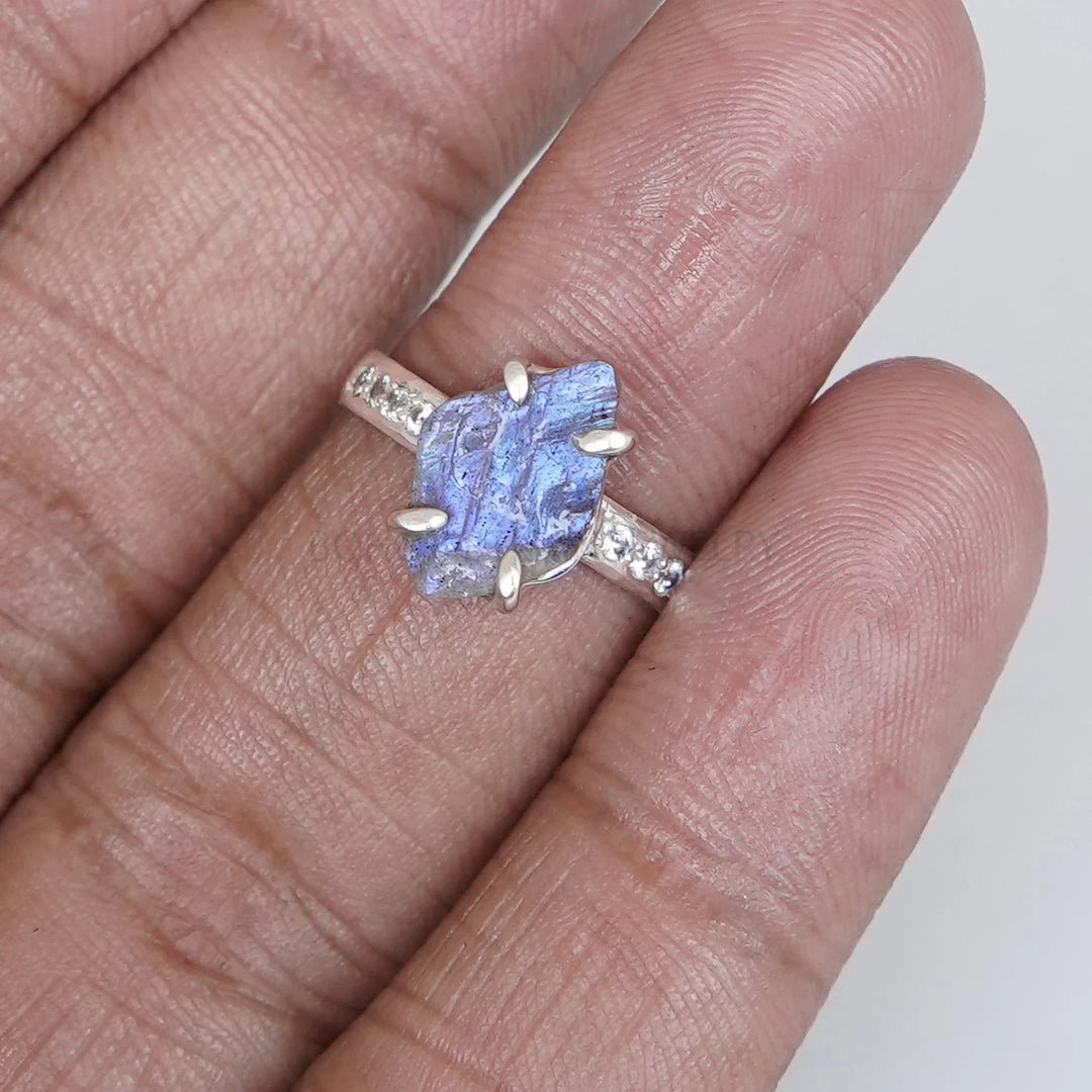 Raw Labradorite Ring: Sterling Silver Boho CZ Ring