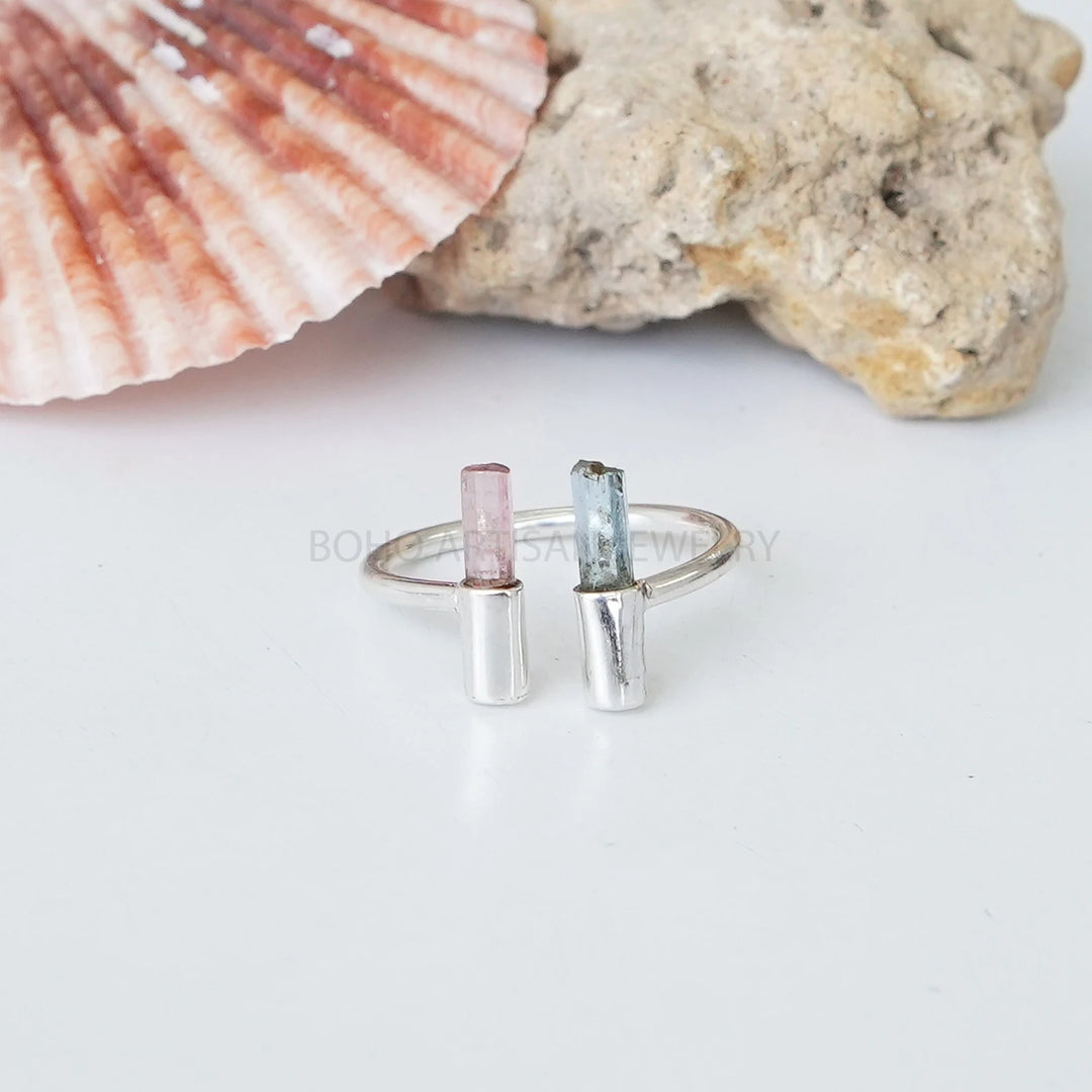 Raw Pink Tourmaline Bar Ring, Aquamarine Pencil Ring, Sterling Silver, Two Stick Adjustable Ring, March Birthstone Jewelry, Raw Crystal Ring