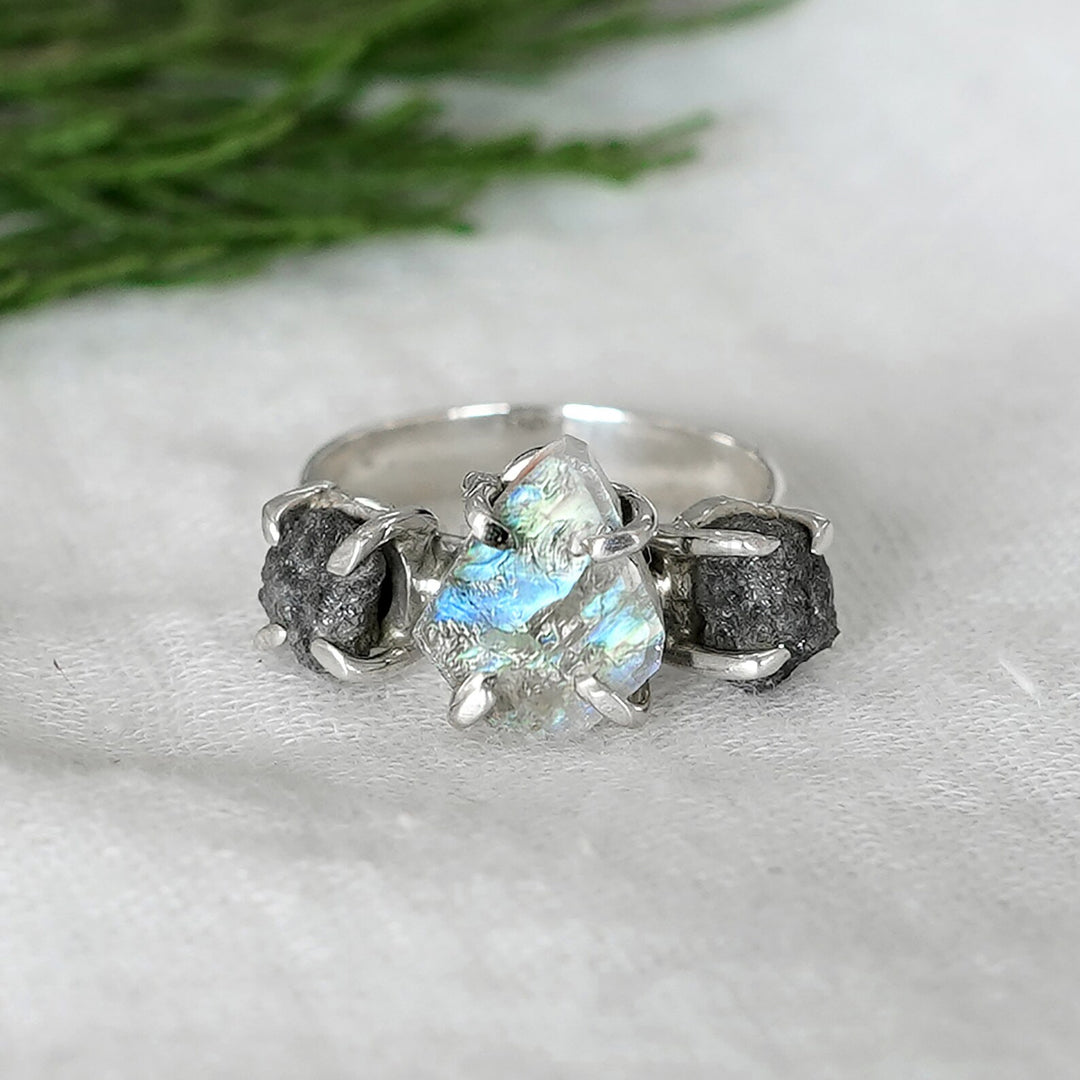 Raw Moonstone Diamond Ring: Handmade 925 Sterling Silver Boho Ring