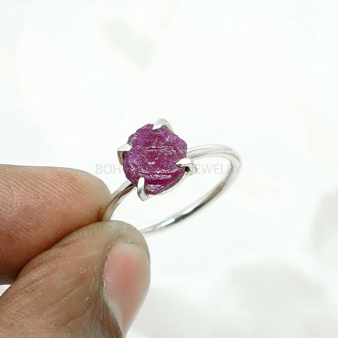 Raw Ruby Ring: Sterling Silver Hexagon, Boho Crystal Jewelry