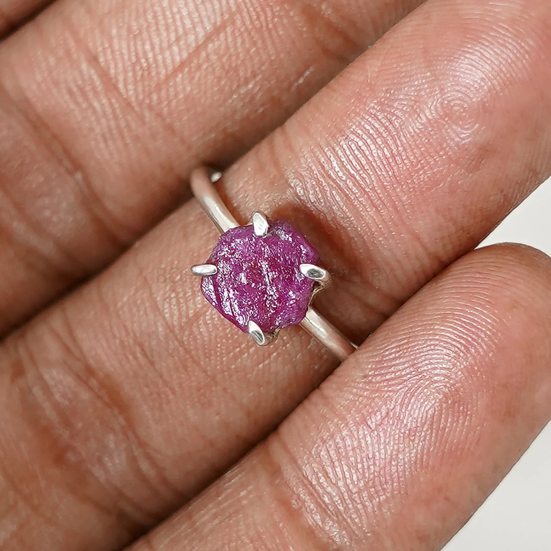 Raw Ruby Ring: Sterling Silver Hexagon, Boho Crystal Jewelry