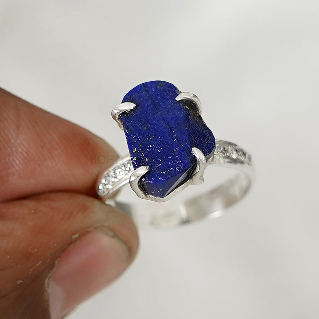 Buy Raw Lapis Lazuli Ring: Sterling Silver Boho Ring with CZ Accents