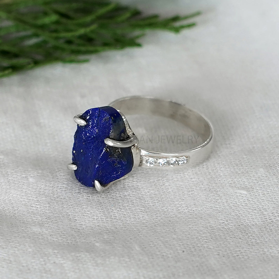 Buy Raw Lapis Lazuli Ring: Sterling Silver Boho Ring with CZ Accents