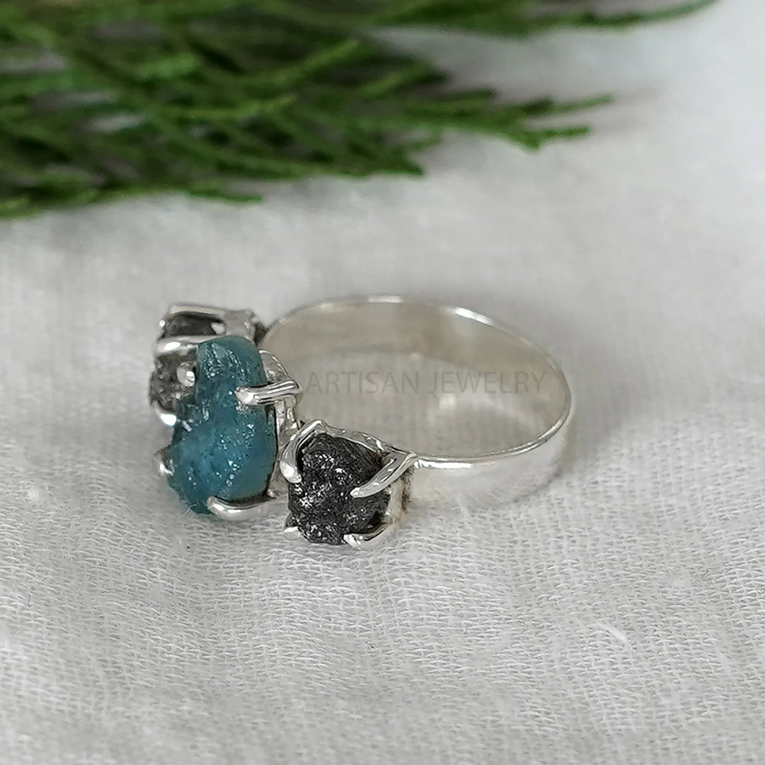 Raw Aquamarine Diamond Ring: Sterling Silver Crystal Stacking Ring