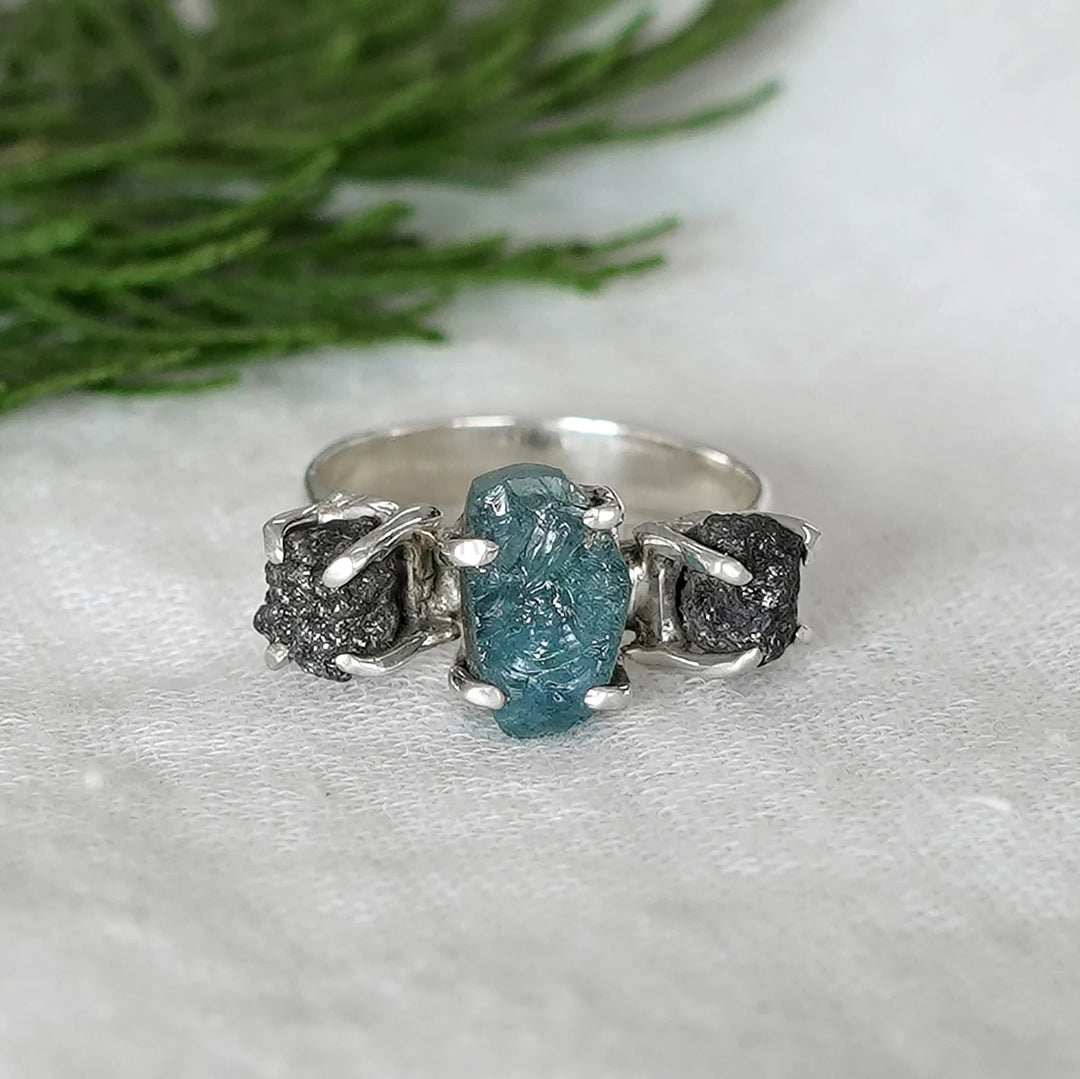 Raw Aquamarine Diamond Ring: Sterling Silver Crystal Stacking Ring