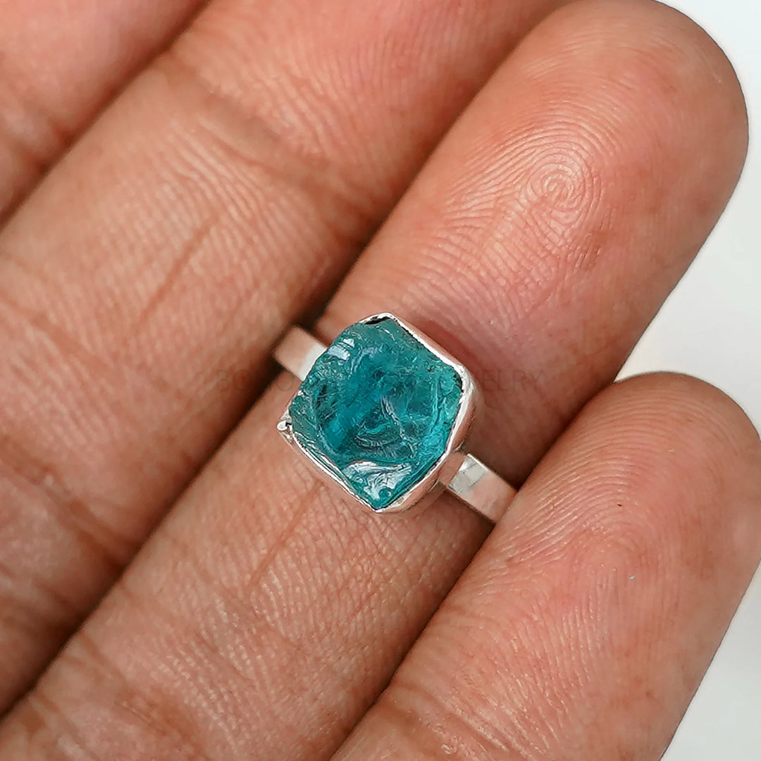 Raw Blue Apatite Ring: Sterling Silver Boho Ring, Handmade Jewelry