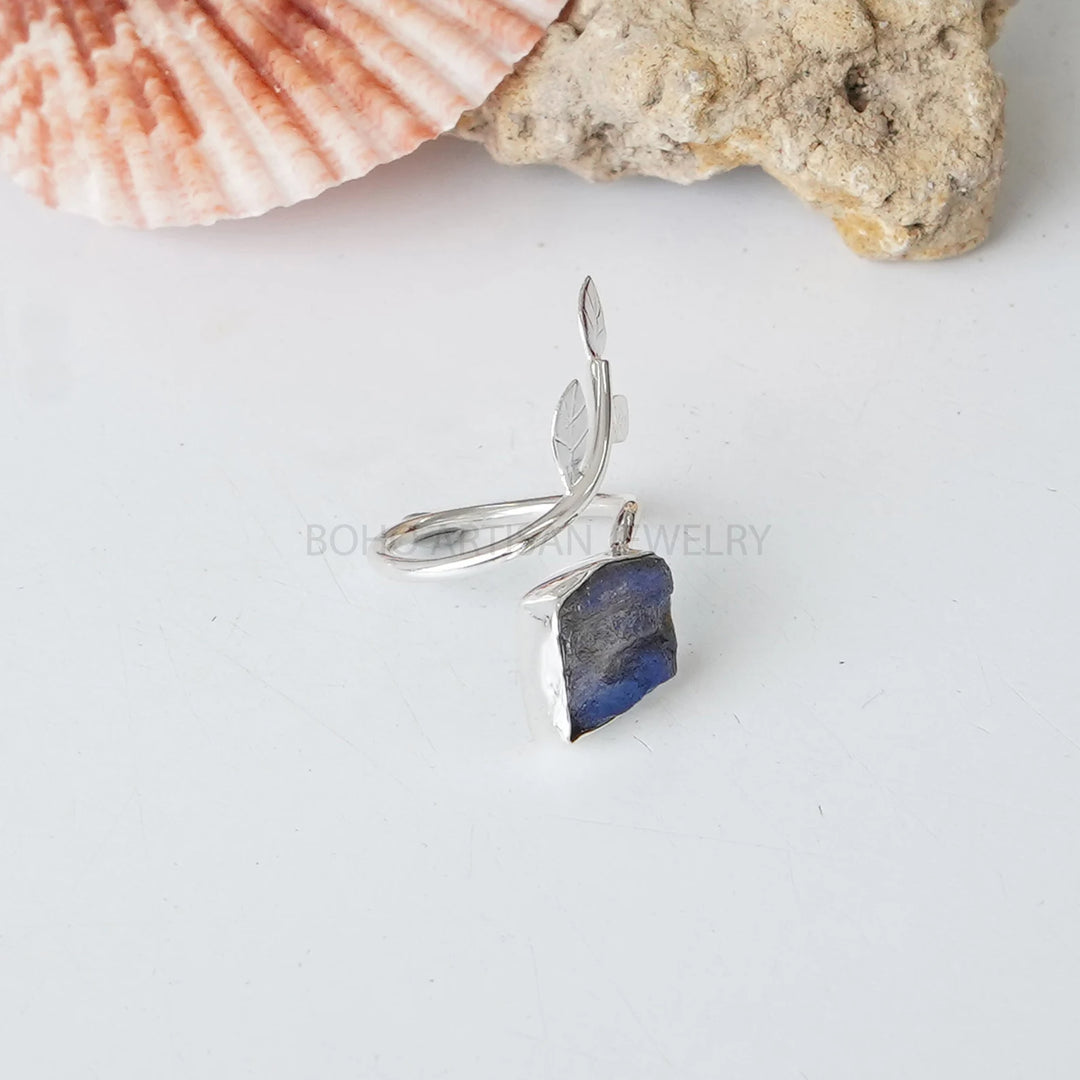 Raw Labradorite Floral Ring: Sterling Silver Adjustable Band, Boho Artisan