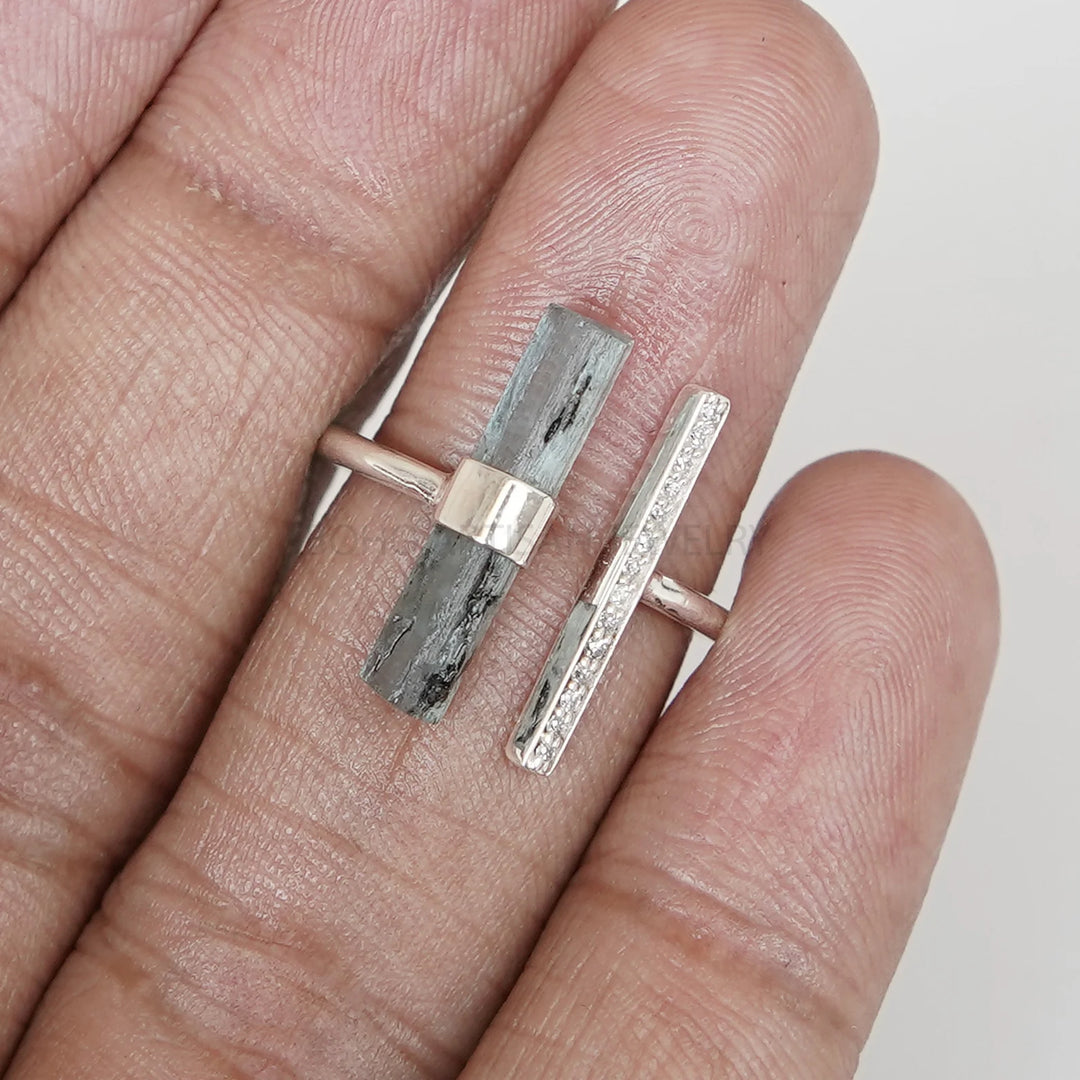 Raw Aquamarine Sterling Silver Ring: CZ Accent, Adjustable Boho Band