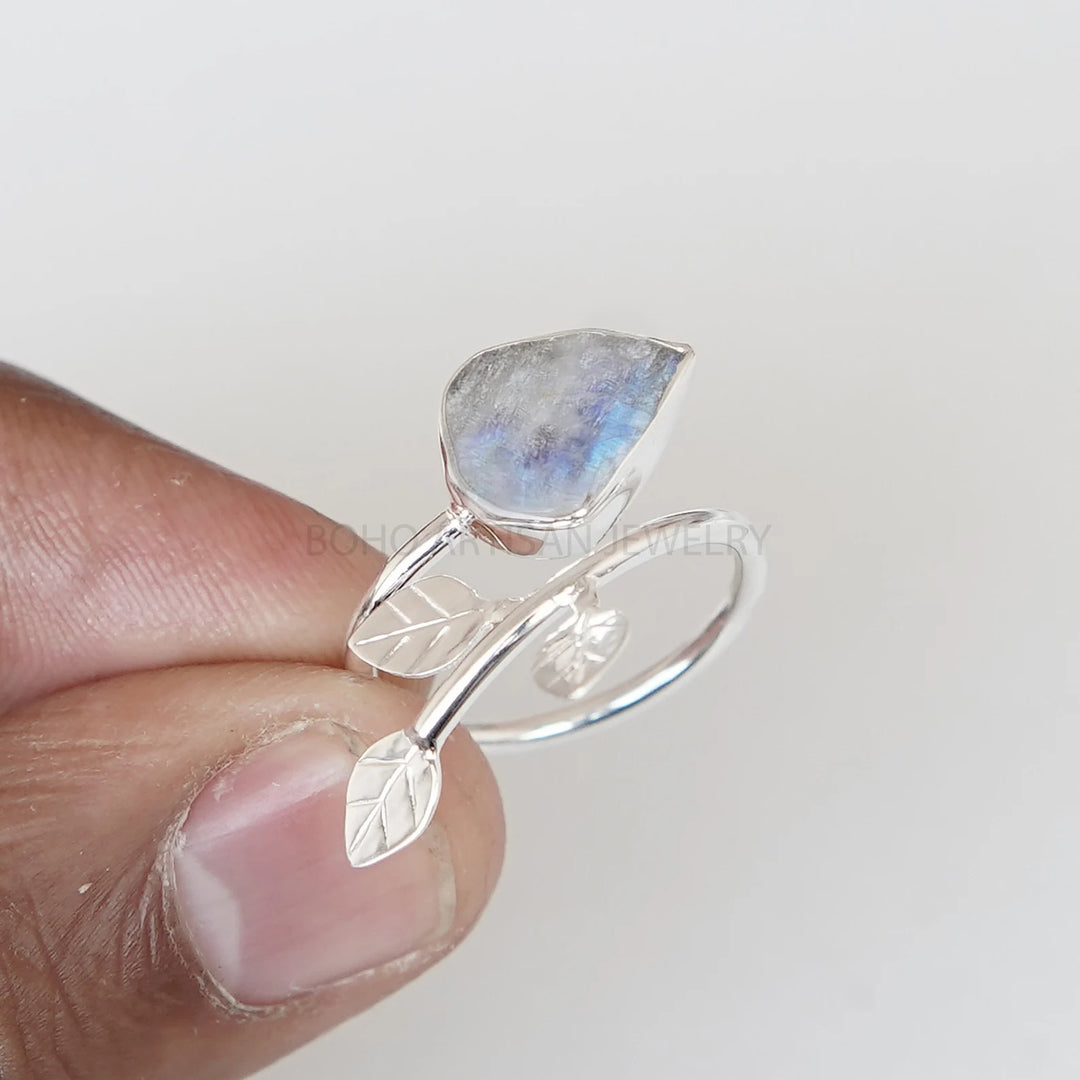 Raw Moonstone Floral Ring: Handmade Sterling Silver Adjustable Band
