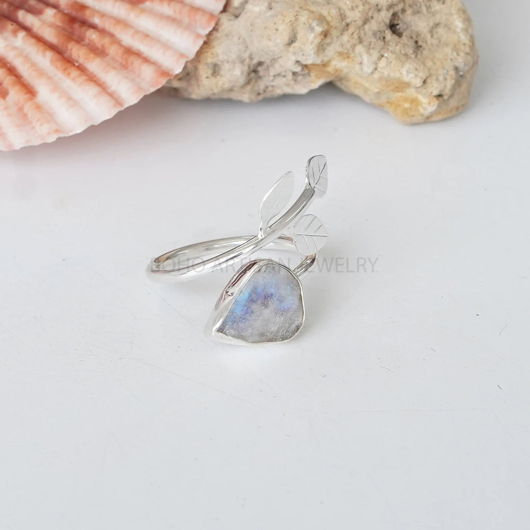 Raw Moonstone Floral Ring: Handmade Sterling Silver Adjustable Band
