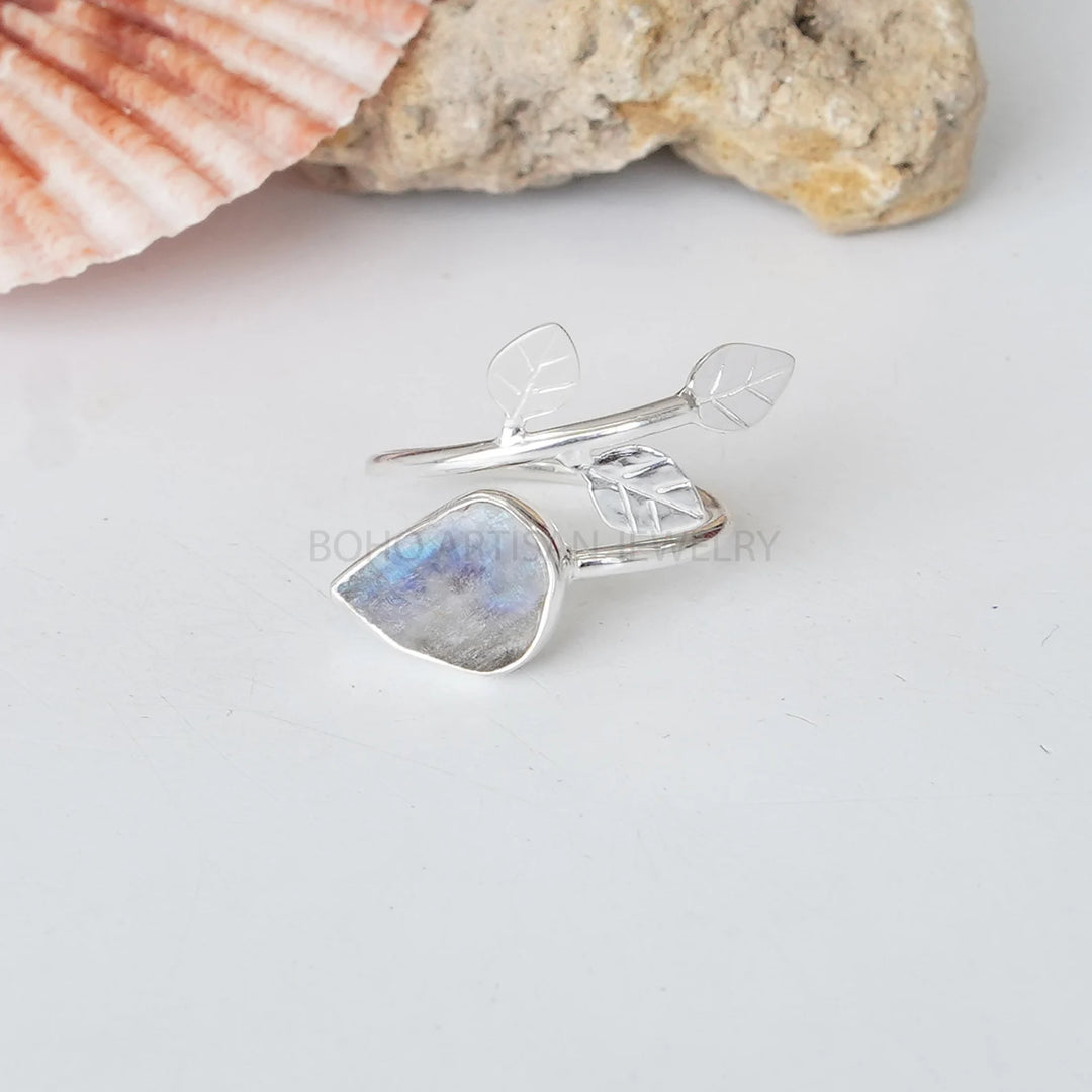 Raw Moonstone Floral Ring: Handmade Sterling Silver Adjustable Band
