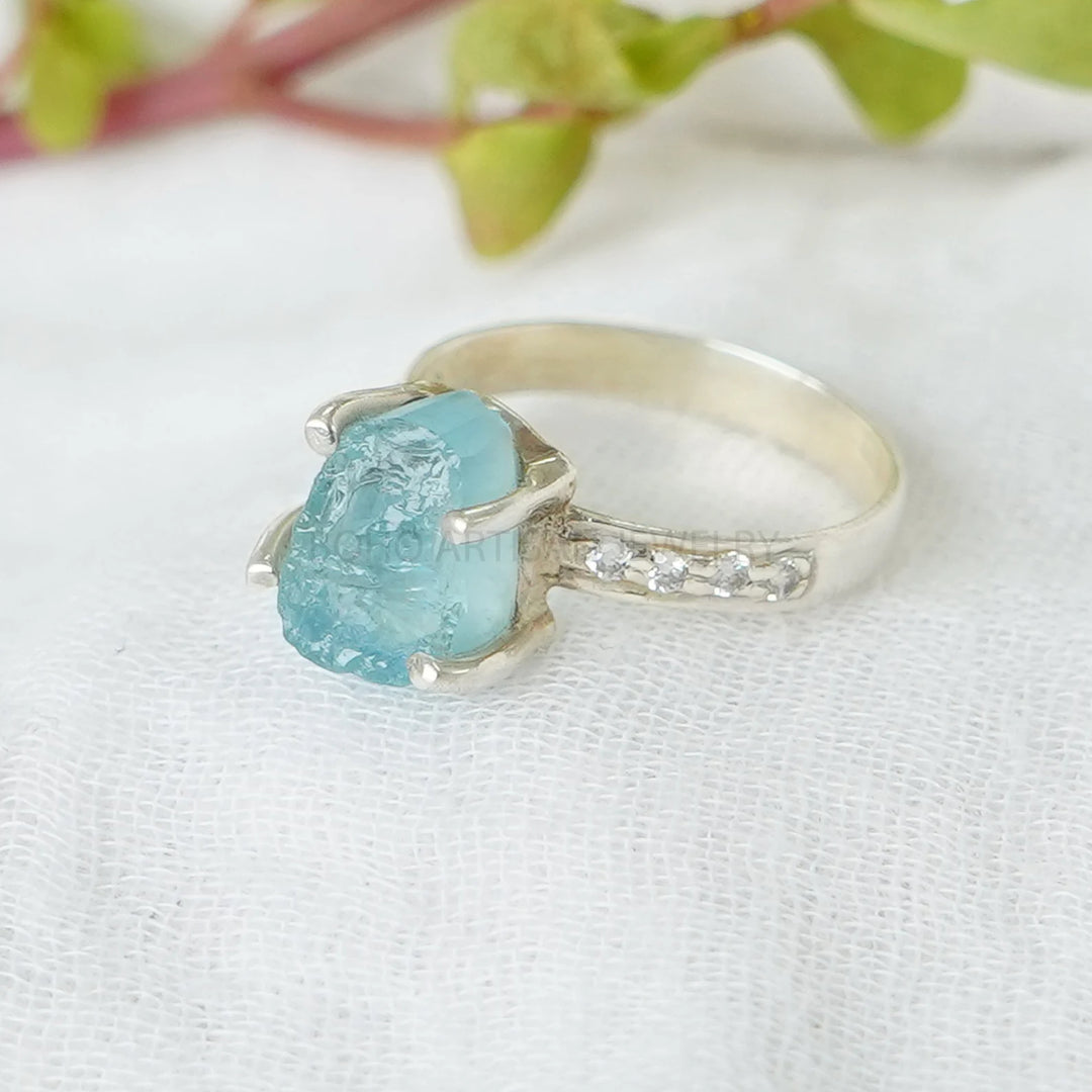 Raw Aquamarine Ring: Sterling Silver, CZ Accents, Handmade Boho Jewelry