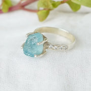 Raw Aquamarine Ring: Sterling Silver, CZ Accents, Handmade Boho Jewelry