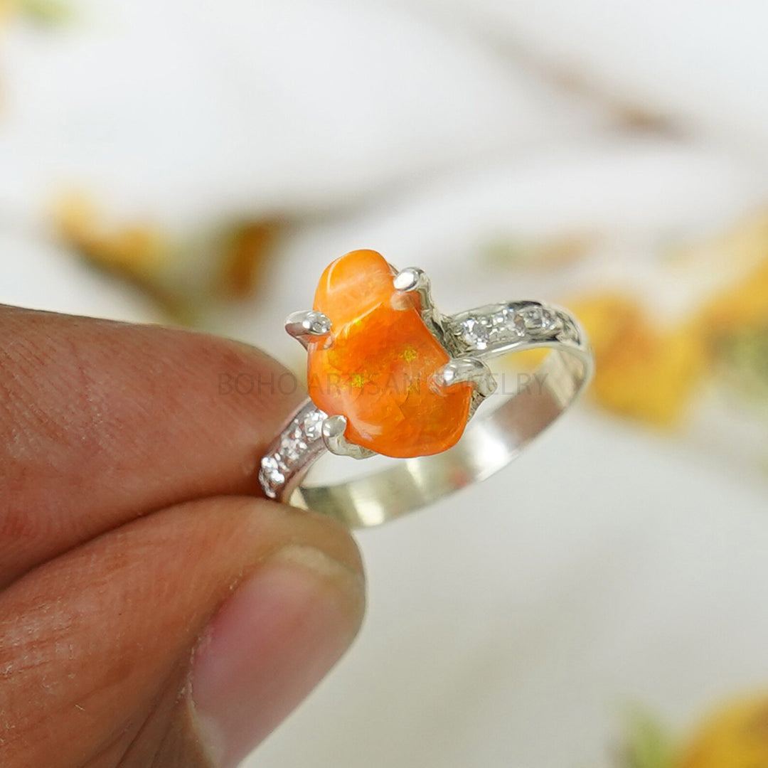 Orange Fire Opal Ring, Mexican Fire Opal Ring, October Birthday Gift, Raw Stone Jewelry, Ring For Women, Engagement Ring - Gift For Her