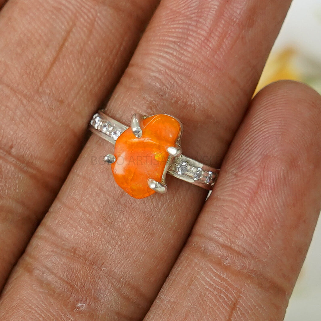 Orange Fire Opal Ring, Mexican Fire Opal Ring, October Birthday Gift, Raw Stone Jewelry, Ring For Women, Engagement Ring - Gift For Her