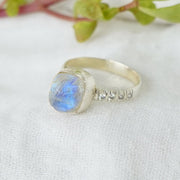 Moonstone Floral Thin Band Ring, Raw Crystal Ring, Silver Handmade Ring, Boho Ring, Blue Fire Moonstone, Rough Stone, July Birthstone Gift