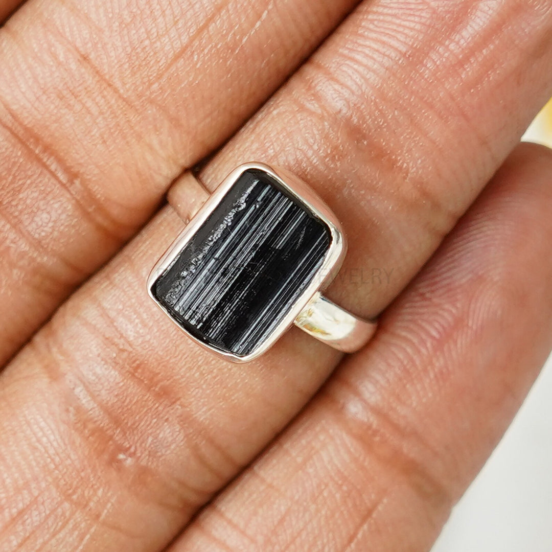 Raw Black Tourmaline Ring: Sterling Silver Boho Jewelry