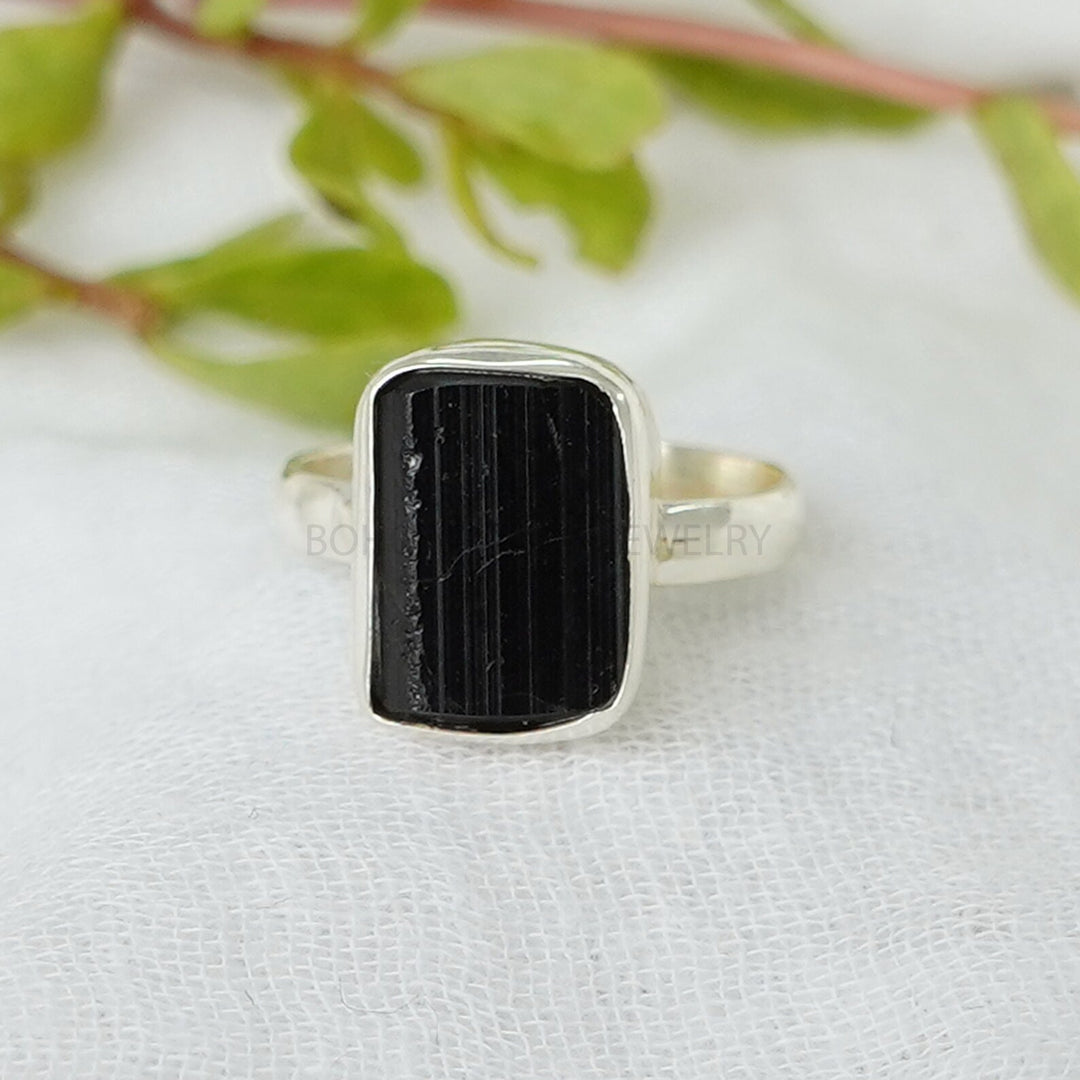 Raw Black Tourmaline Ring: Sterling Silver Boho Jewelry