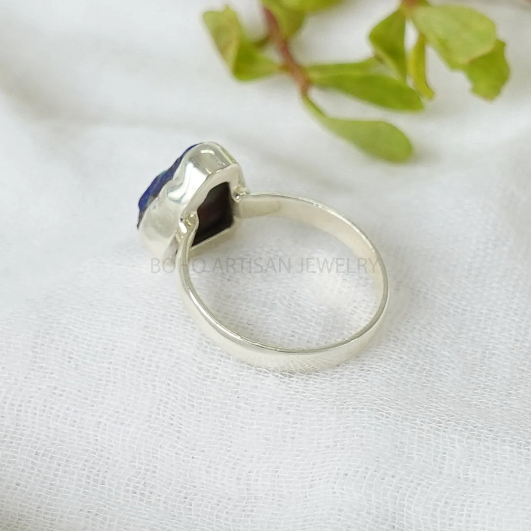 Raw Azurite Malachite Ring, Azurite Raw Stone Ring, Silver Handmade Ring, Boho Ring, Malachite Ring, Rough Stone Ring - Birthstone Ring