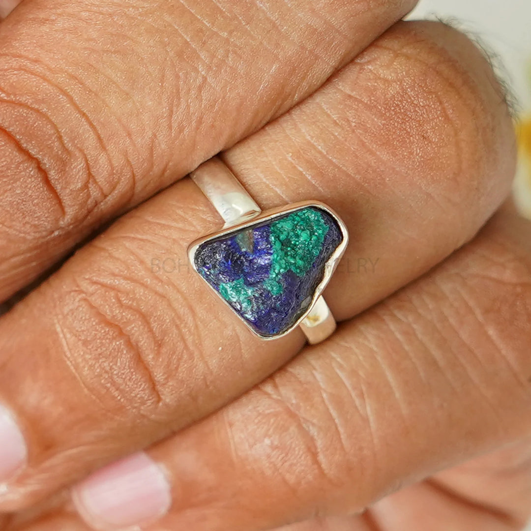 Raw Azurite Malachite Ring, Azurite Raw Stone Ring, Silver Handmade Ring, Boho Ring, Malachite Ring, Rough Stone Ring - Birthstone Ring