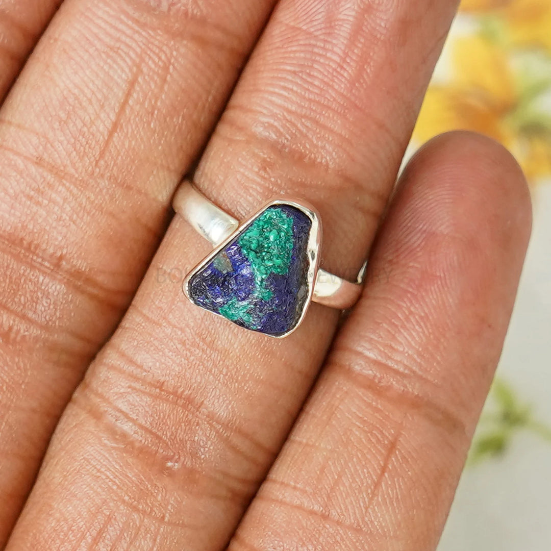 Raw Azurite Malachite Ring, Azurite Raw Stone Ring, Silver Handmade Ring, Boho Ring, Malachite Ring, Rough Stone Ring - Birthstone Ring