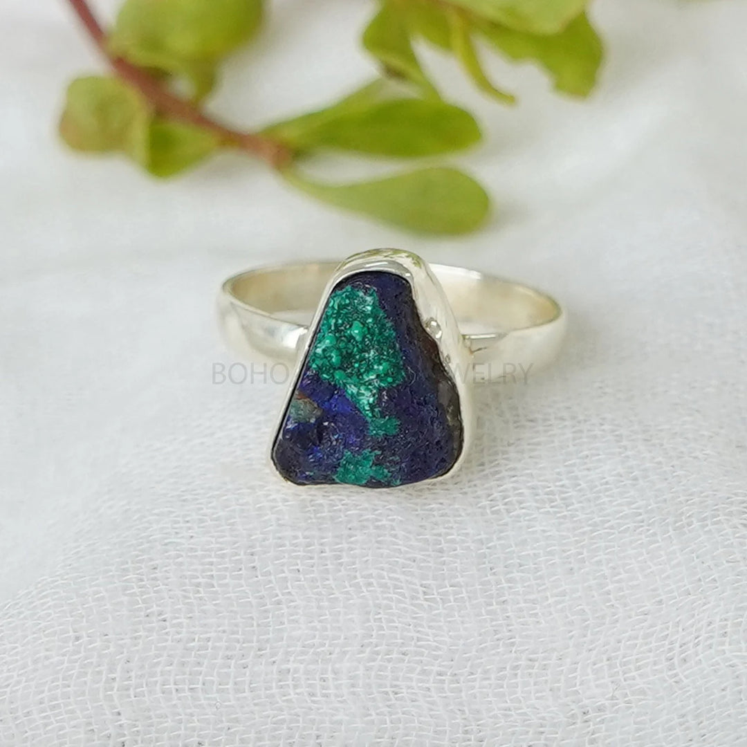 Raw Azurite Malachite Ring, Azurite Raw Stone Ring, Silver Handmade Ring, Boho Ring, Malachite Ring, Rough Stone Ring - Birthstone Ring