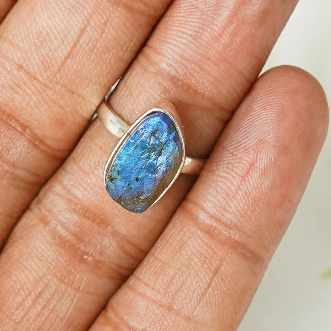 Raw Labradorite Sterling Silver Ring: Blue Fire Gemstone, Boho Jewelry