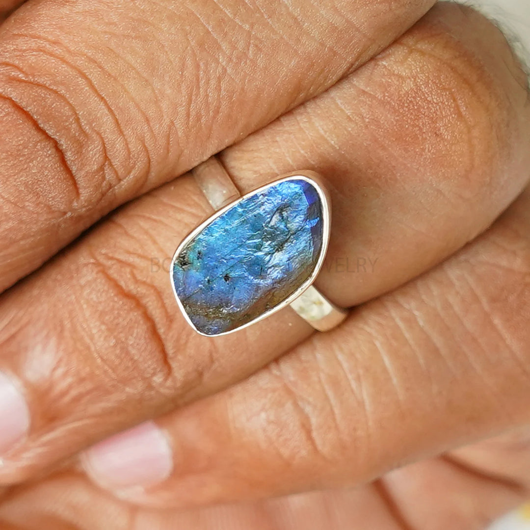 Raw Labradorite Sterling Silver Ring: Blue Fire Gemstone, Boho Jewelry
