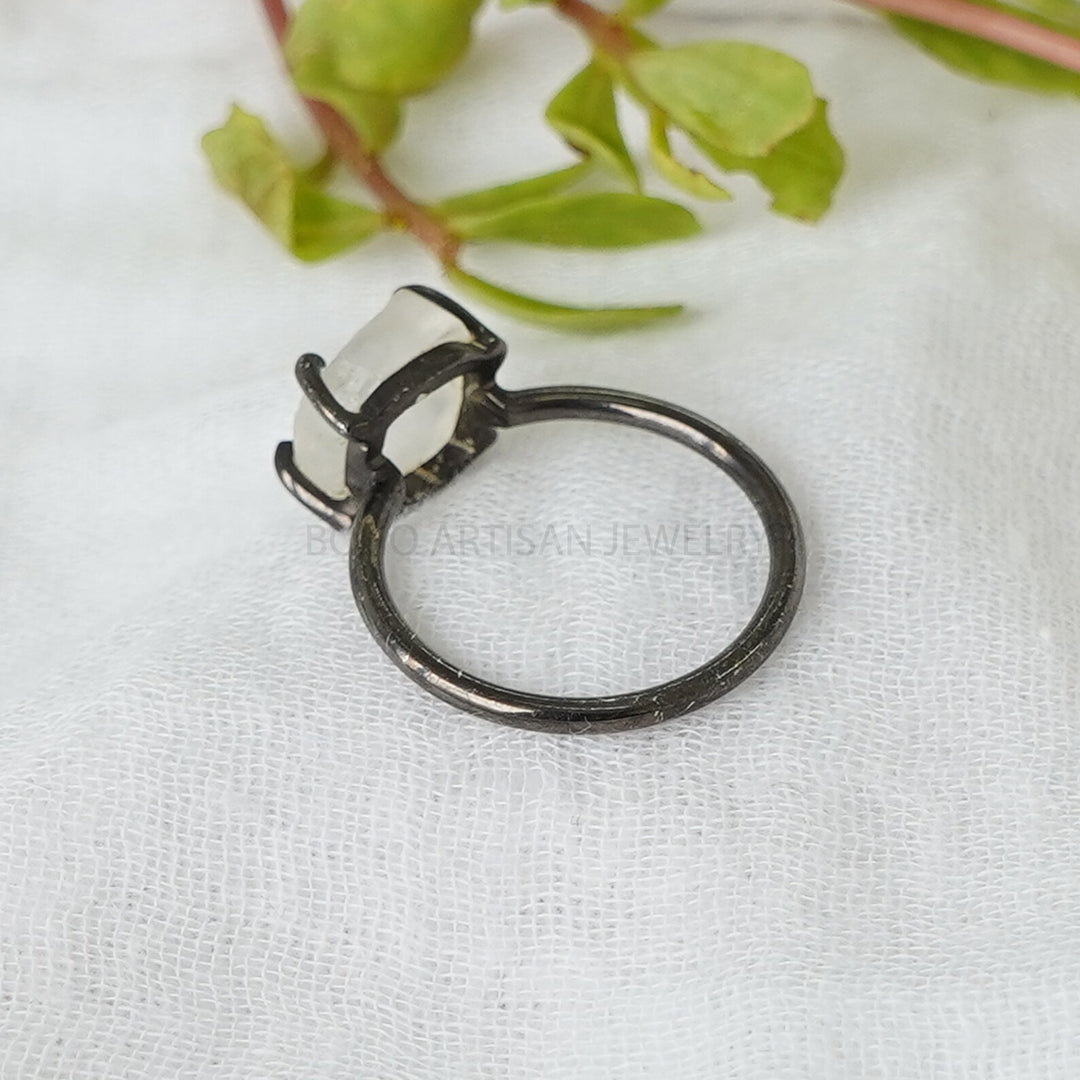 Natural Moonstone RING, Black Rhodium Over Silver, Raw Crystal Ring, 925 Sterling Silver Jewelry, Blue Fire Moonstone, July Birthstone Gift