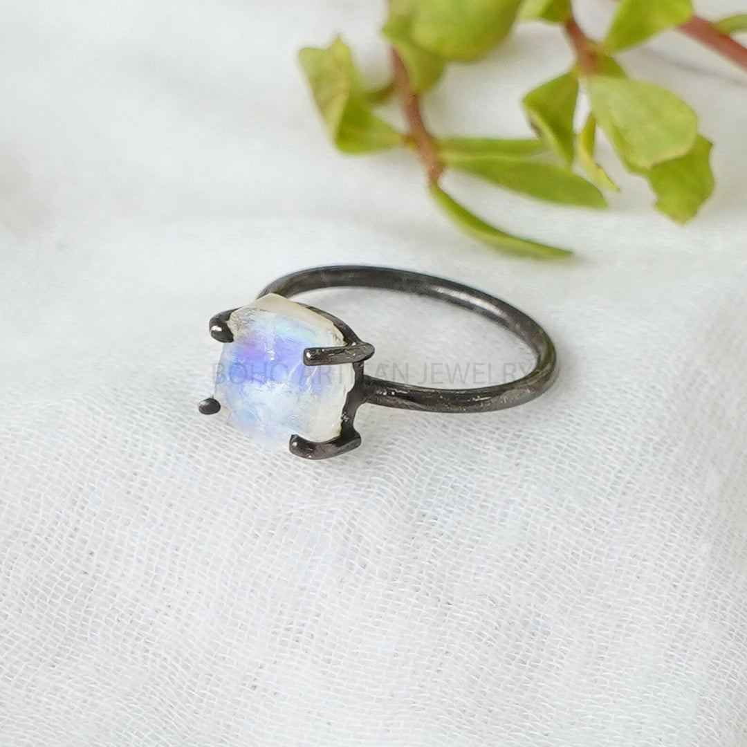 Natural Moonstone RING, Black Rhodium Over Silver, Raw Crystal Ring, 925 Sterling Silver Jewelry, Blue Fire Moonstone, July Birthstone Gift