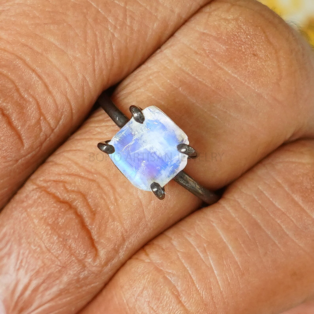 Natural Moonstone RING, Black Rhodium Over Silver, Raw Crystal Ring, 925 Sterling Silver Jewelry, Blue Fire Moonstone, July Birthstone Gift