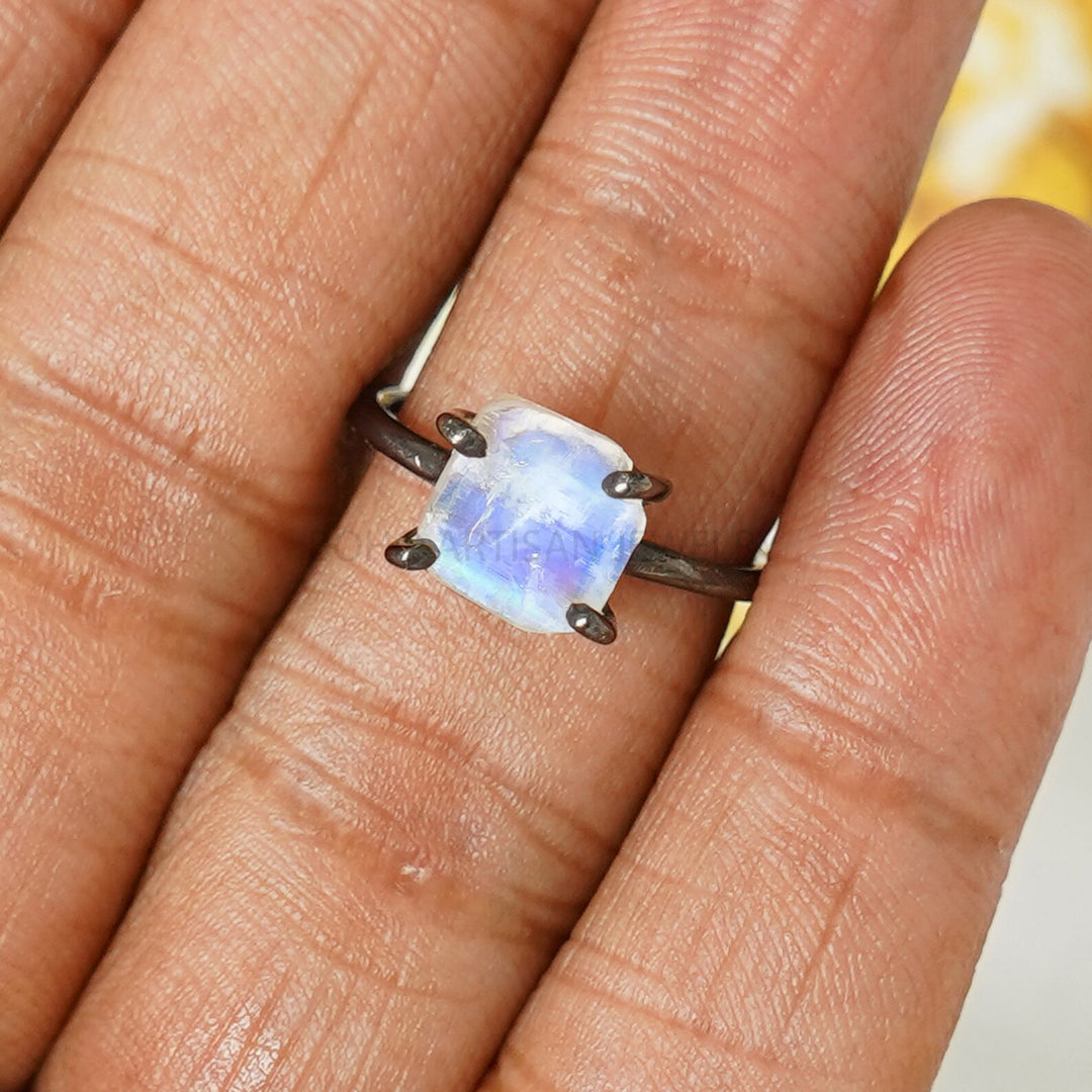 Natural Moonstone RING, Black Rhodium Over Silver, Raw Crystal Ring, 925 Sterling Silver Jewelry, Blue Fire Moonstone, July Birthstone Gift