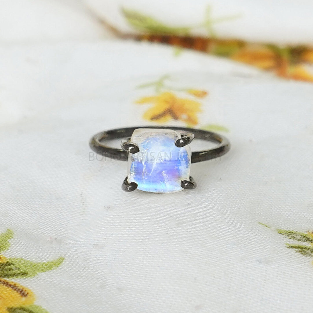 Natural Moonstone RING, Black Rhodium Over Silver, Raw Crystal Ring, 925 Sterling Silver Jewelry, Blue Fire Moonstone, July Birthstone Gift