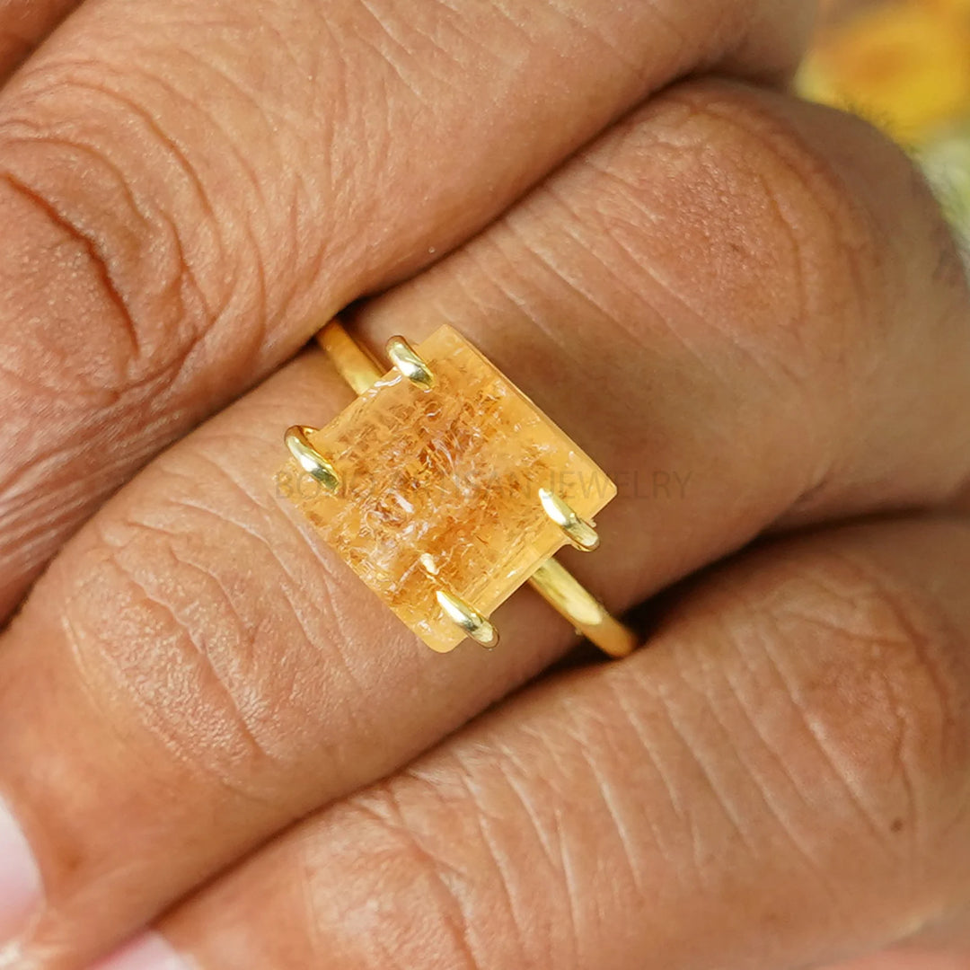 Imperial Topaz Ring, Imperial Topaz Gold Ring, Silver Handmade Ring, Boho Ring, Rough Stone Ring, November Birthstone - Gift For Girls