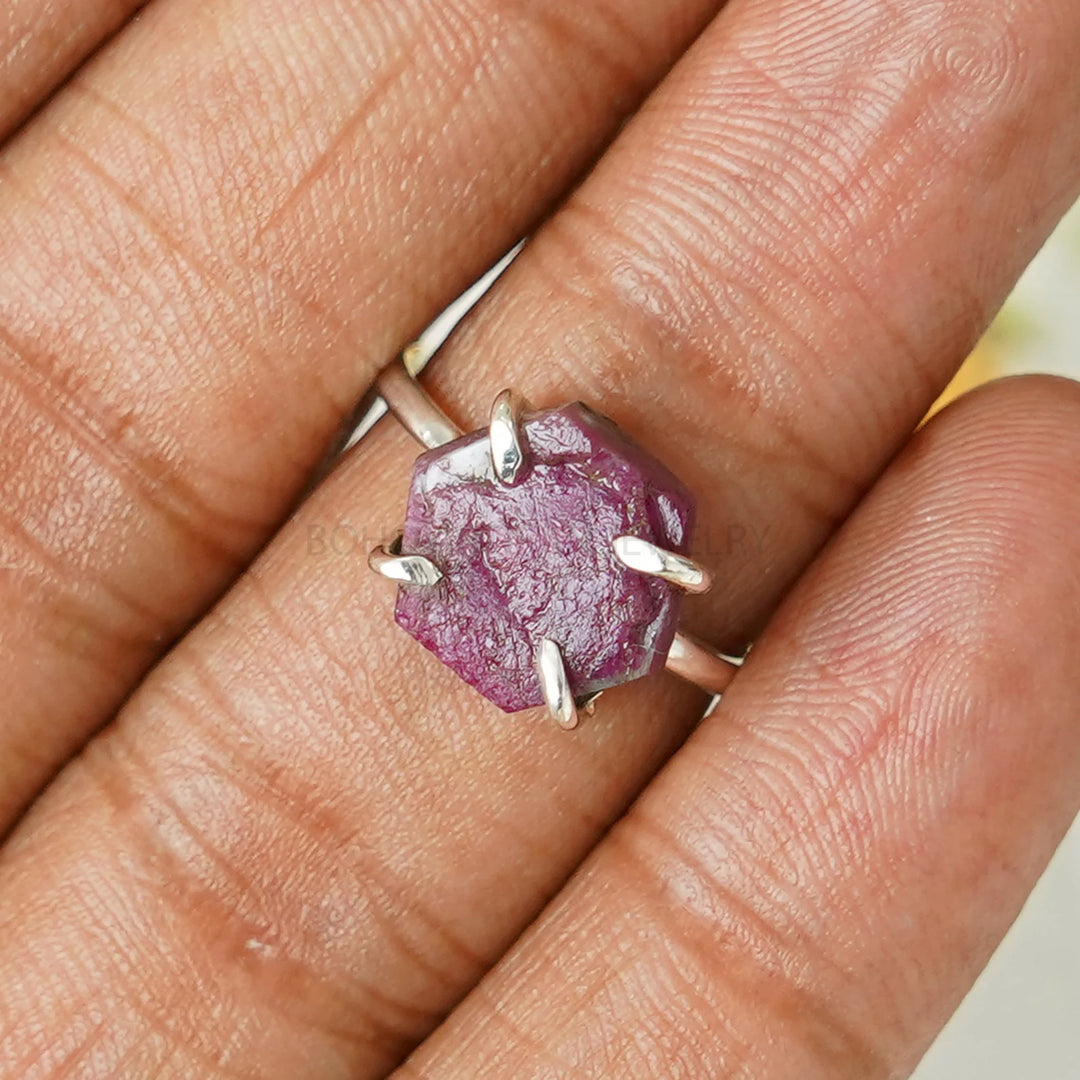 Raw Ruby Hexagon Ring, Ruby Sterling Silver Ring, Handmade Ring, Boho Crystal Ring, July Birthstone, Unique Design Ring - Gift For Her