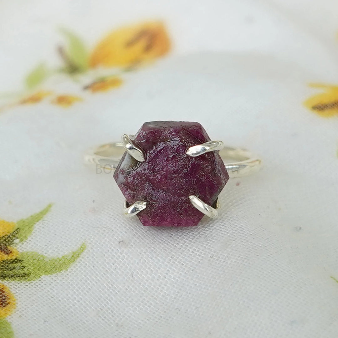 Raw Ruby Hexagon Ring, Ruby Sterling Silver Ring, Handmade Ring, Boho Crystal Ring, July Birthstone, Unique Design Ring - Gift For Her