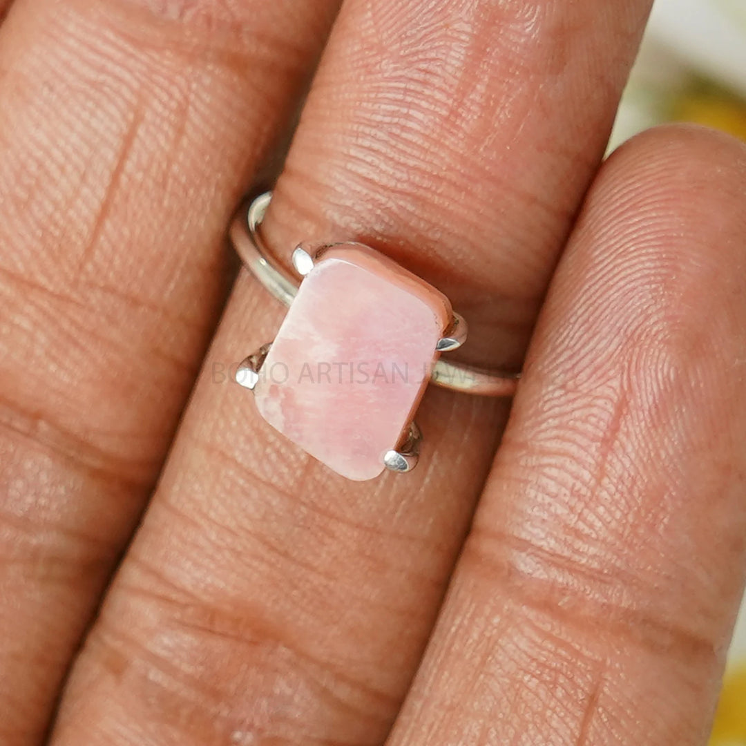 Pink Opal Ring, Opal Polished Slice Ring, Handmade Silver Jewelry, Minimalist Ring, Boho Ring, Stacking Ring - Birthday Gift For Her