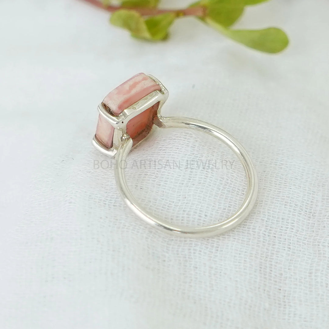 Pink Opal Ring, Opal Polished Slice Ring, Handmade Silver Jewelry, Minimalist Ring, Boho Ring, Stacking Ring - Birthday Gift For Her