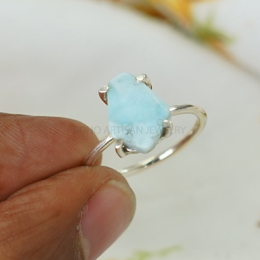 Natural Larimar Ring: Handmade Sterling Silver Boho Jewelry