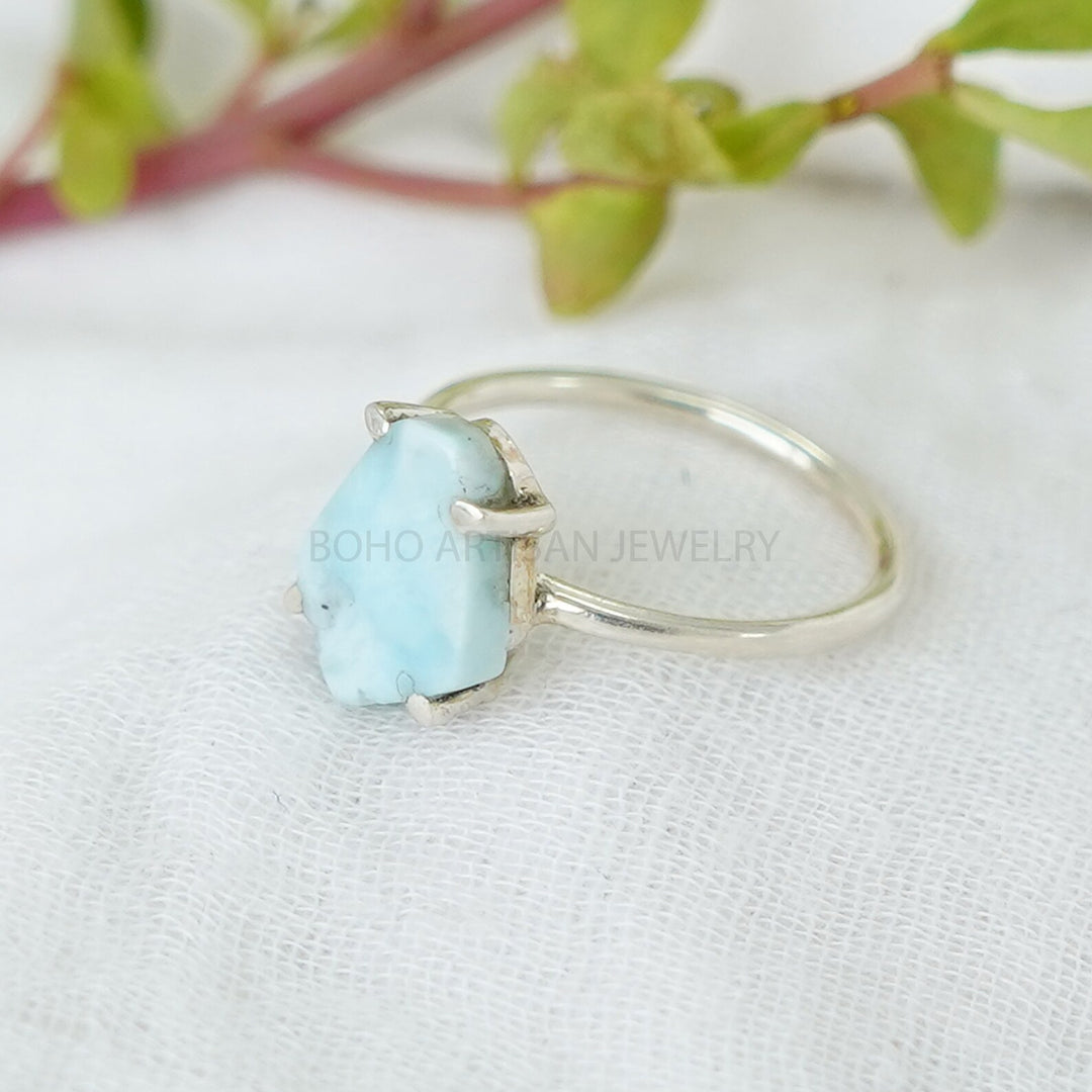 Natural Larimar Ring: Handmade Sterling Silver Boho Jewelry