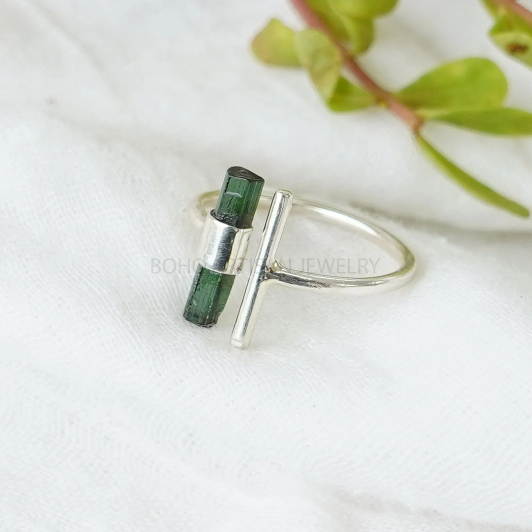 Raw Green Tourmaline Stick Ring, T Ring, Adjustable Bar Ring, Tourmaline Stick Ring, October Birthstone, Raw Crystal Ring, Gift for Her