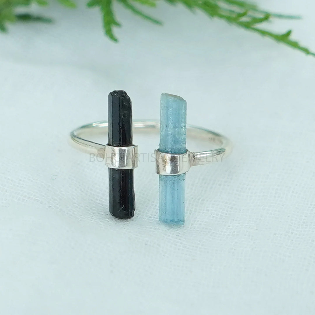 Aquamarine Black Tourmaline Stick Ring, Bar Ring, Long Sticks Ring, Toi Moi Ring, Raw Aquamarine Ring, October Birthstone