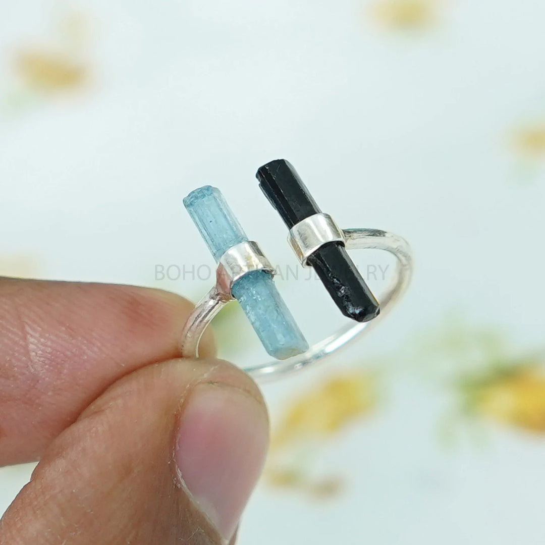 Aquamarine Black Tourmaline Stick Ring, Bar Ring, Long Sticks Ring, Toi Moi Ring, Raw Aquamarine Ring, October Birthstone