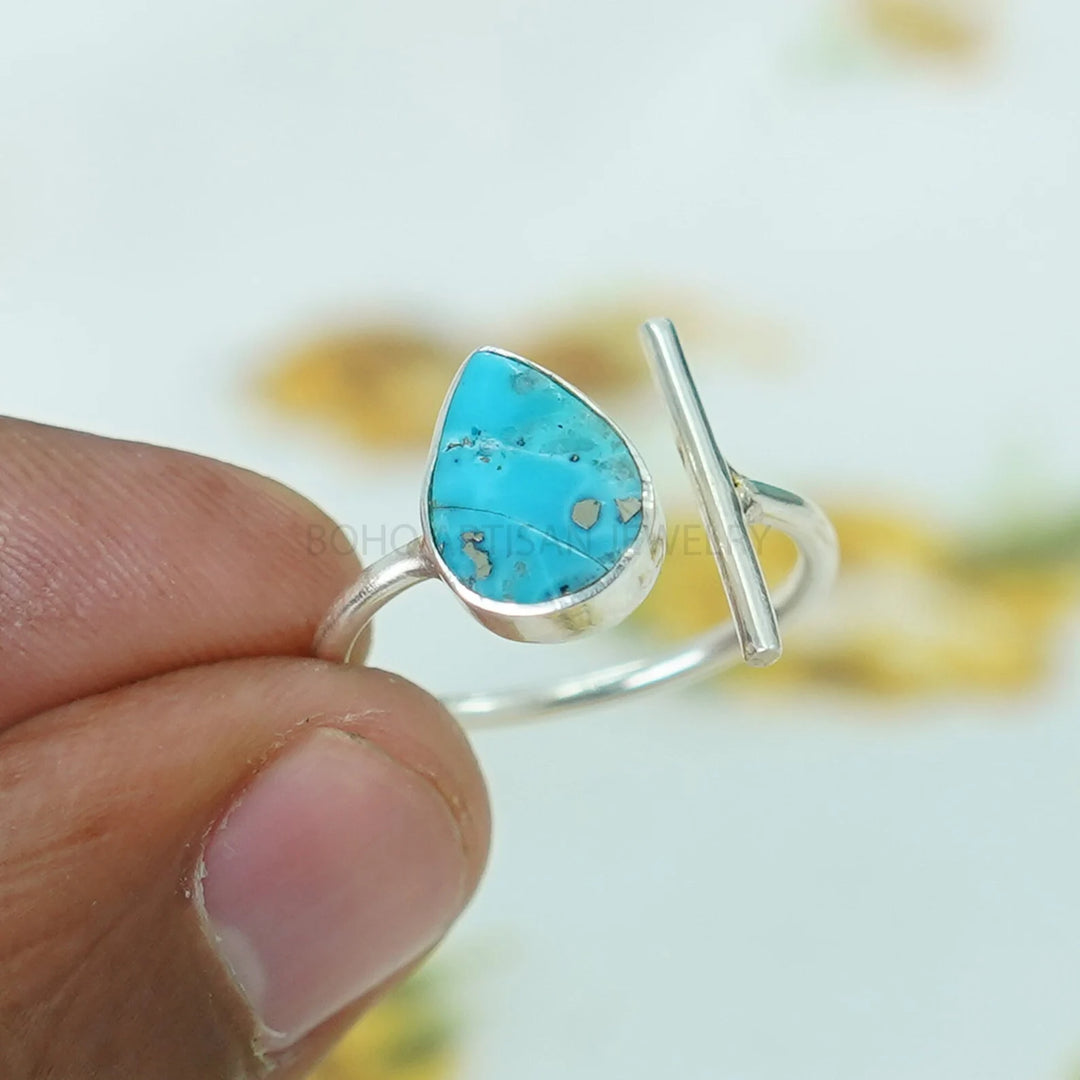 Pear Turquoise Sterling Silver Ring: Adjustable Boho Jewelry