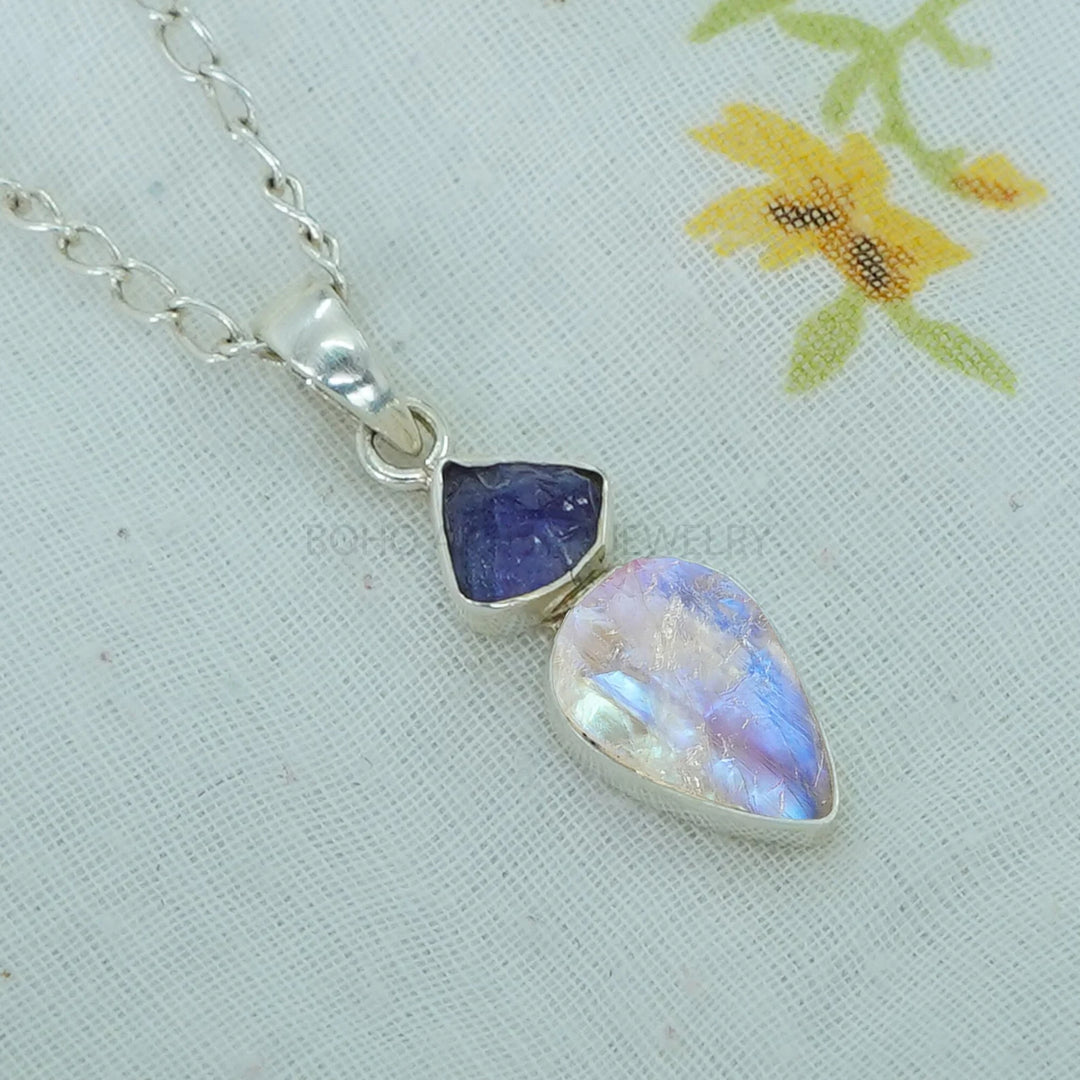 Raw Moonstone Tanzanite Pendant: Sterling Silver Two Stone Jewelry