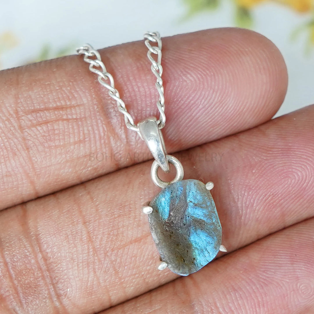 Raw Labradorite Pendant, 925 Sterling Silver Charm Necklace, Handmade Crystal Jewelry
