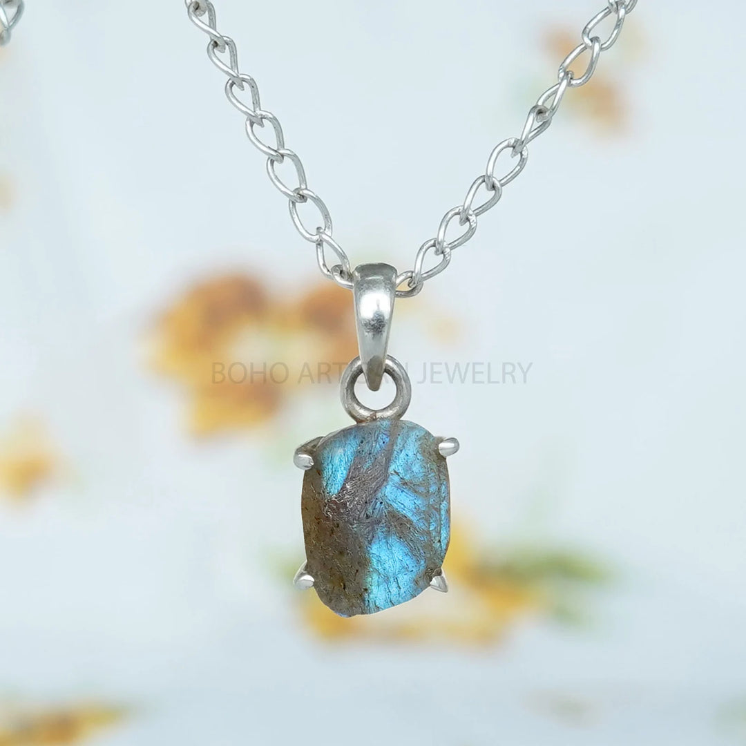 Raw Labradorite Pendant, 925 Sterling Silver Charm Necklace, Handmade Crystal Jewelry