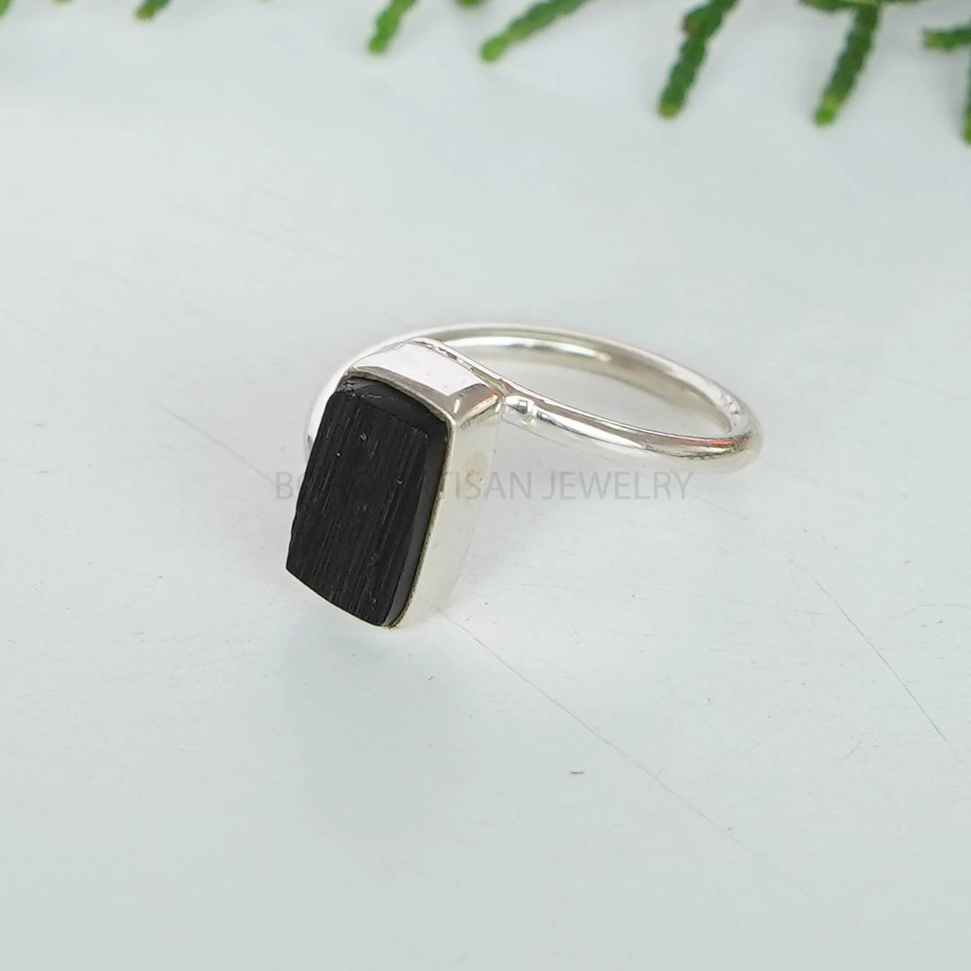 Raw Black Tourmaline Ring: Sterling Silver Bezel Set, Handmade Boho Jewelry