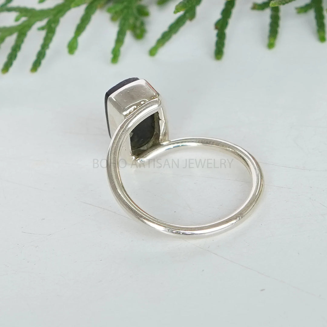 Raw Black Tourmaline Ring: Sterling Silver Bezel Set, Handmade Boho Jewelry